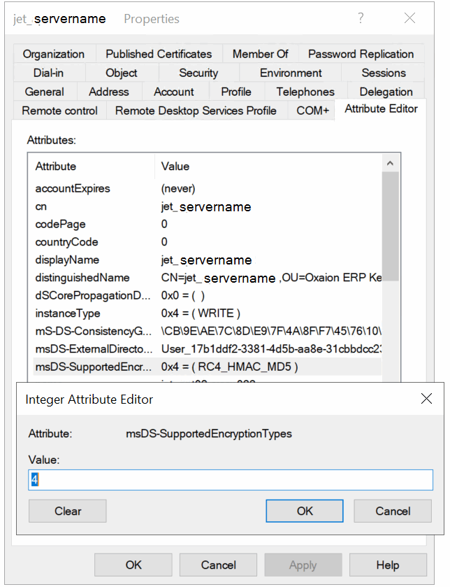 Beispiel msDS-SupportedEncryptionTypes für ein jet Service Konto